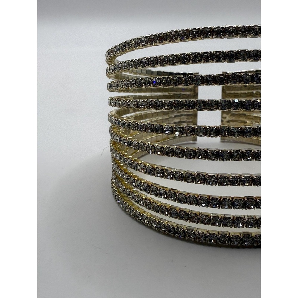 Gold Tone Multi Row Rhinestone Cuff Bracelet 10 Band Crystal Statement Bangle - Picture 4 of 11